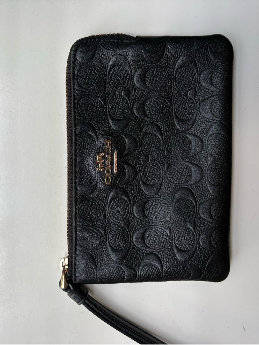 Coach Black Embossed Signature Leather Wristlet with Gold Logo
